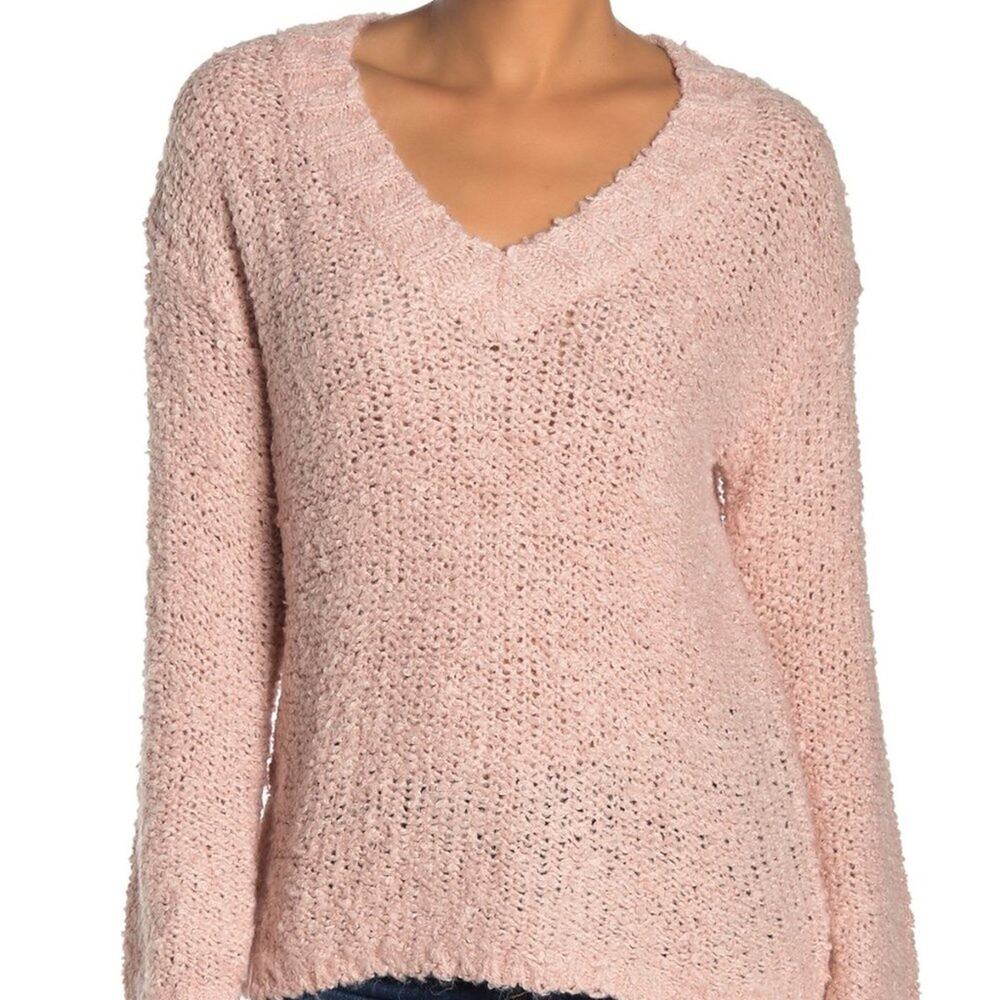 Susina NEW Pink Fluffy Boucle Knit Pullover Sweater V-Neck Large